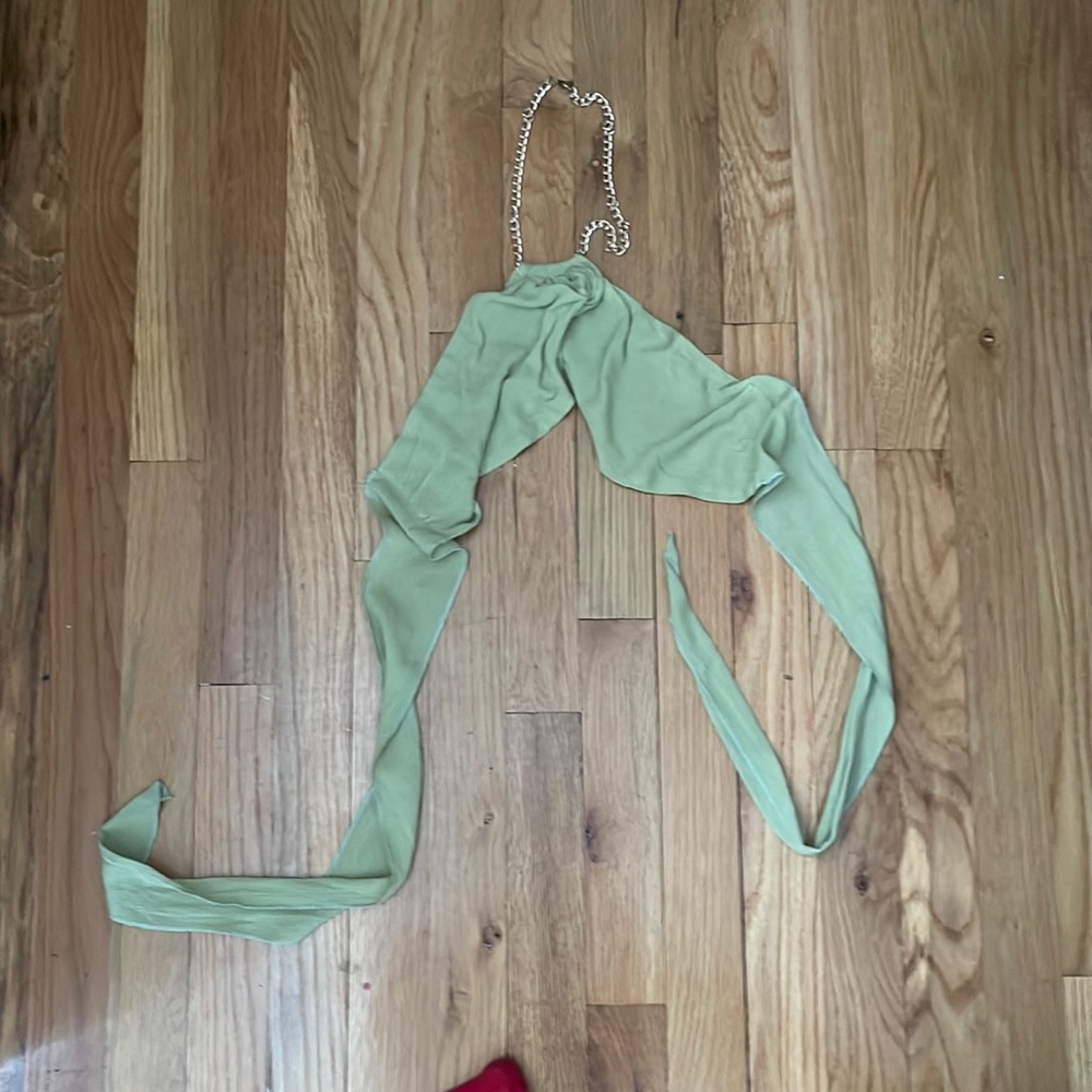 Sage green top with gold chain attached neck